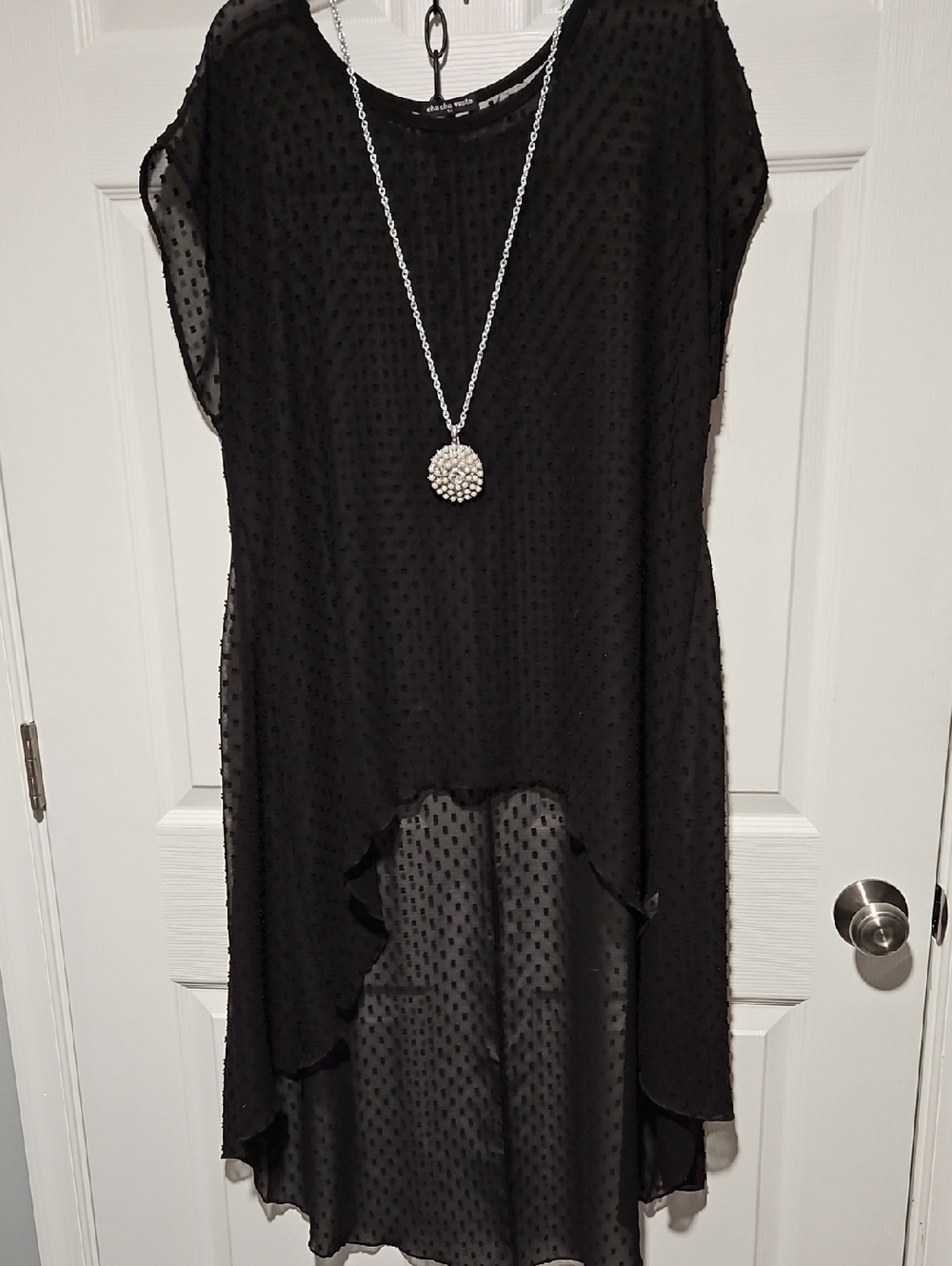 cha cha vente Black Sheer Swiss Dot High-Low Blouse
